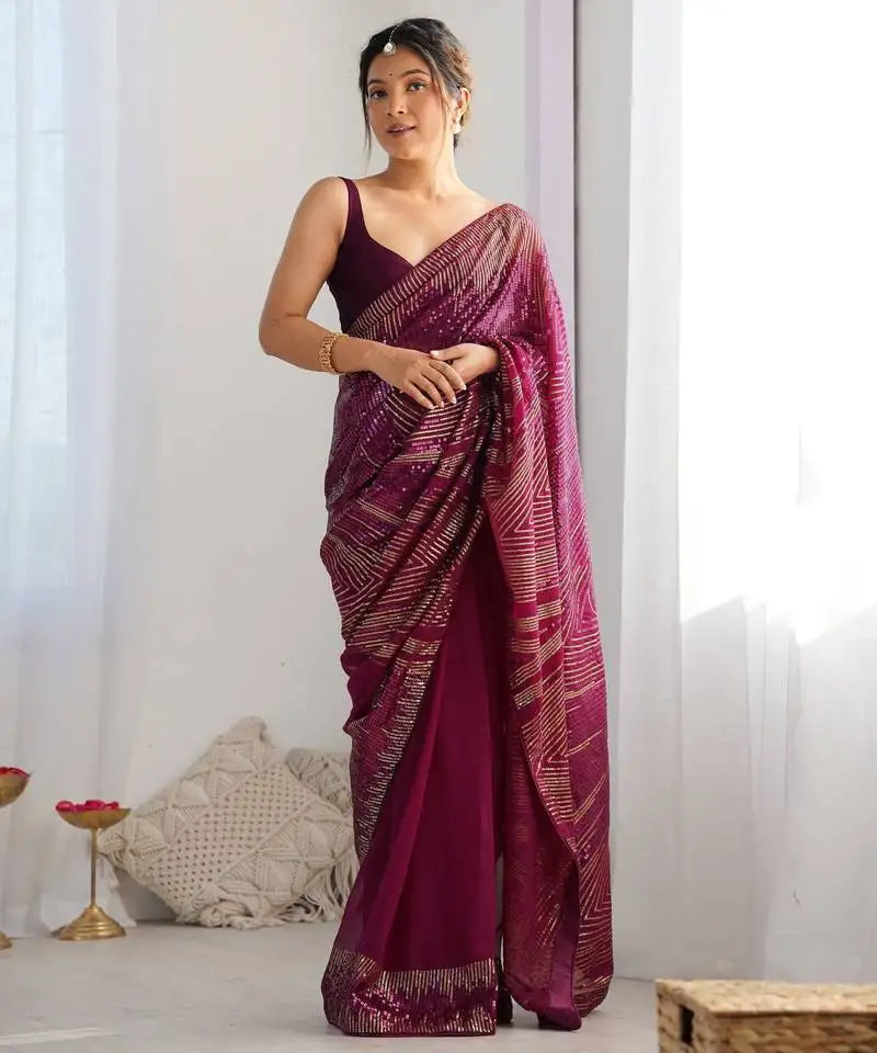 Wine georgette sequins fancy saree