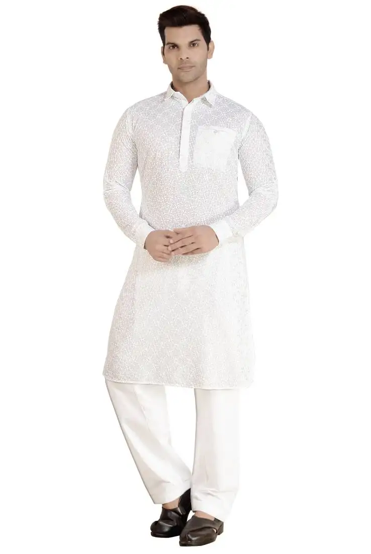 Arruga stylish white cotton chikankari full sleeve pathani salwar set for men