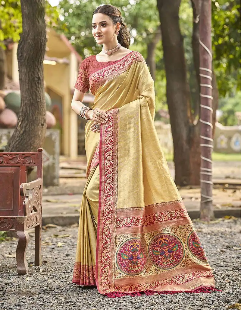 Yellow kanjivaram silk blend saree