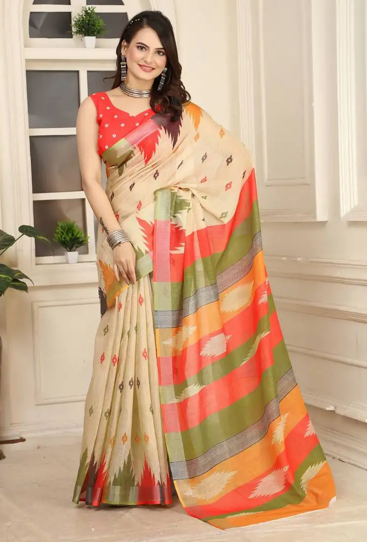 Beige linen cotton printed saree