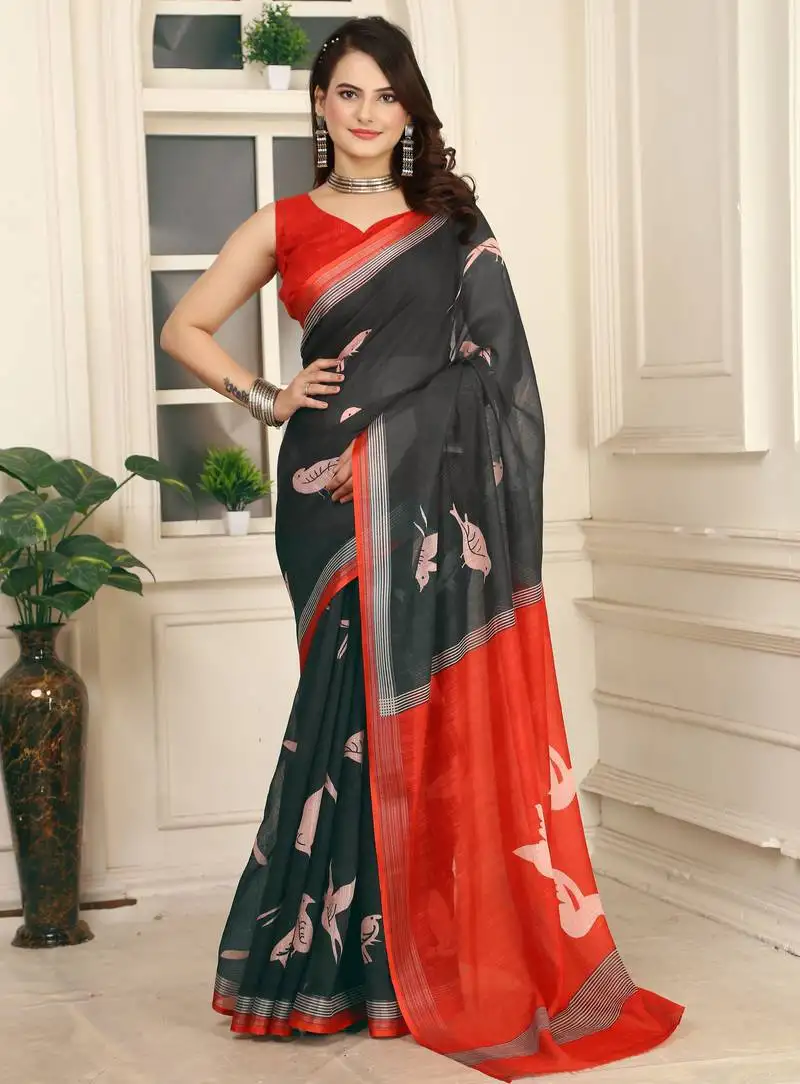 Black linen cotton printed saree