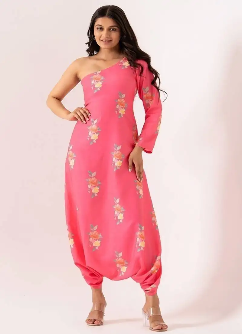 Pink cotton rayon floral printed one shoulder jumpsuit