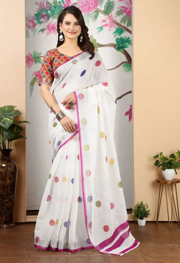 White linen cotton printed saree