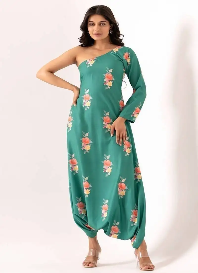 Teal cotton rayon floral printed one shoulder jumpsuit