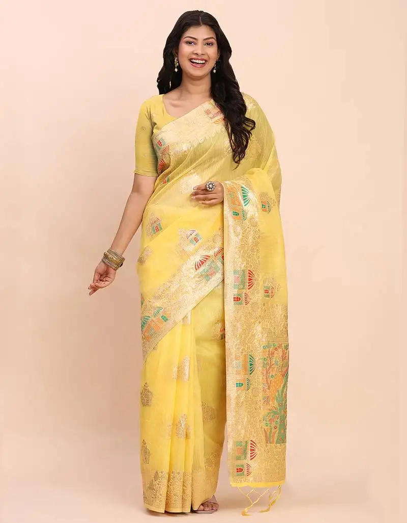 Yellow linen cotton woven saree