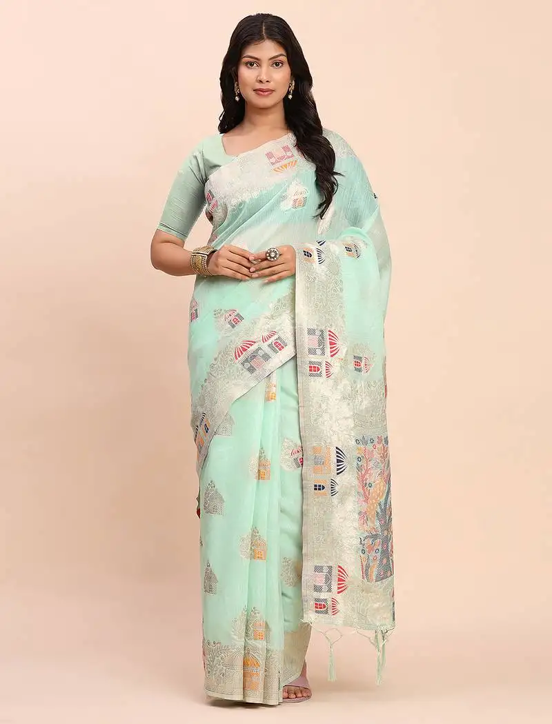 Sea green linen cotton woven saree