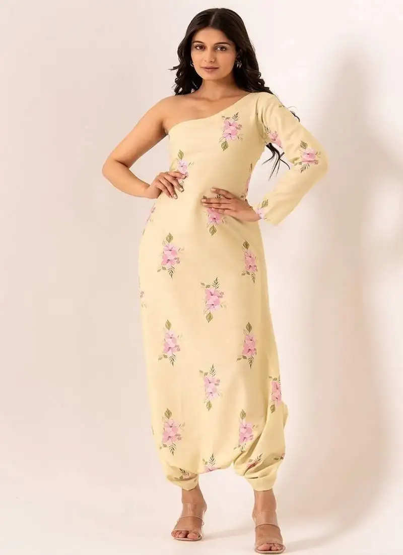 Light green cotton rayon floral printed one shoulder jumpsuit