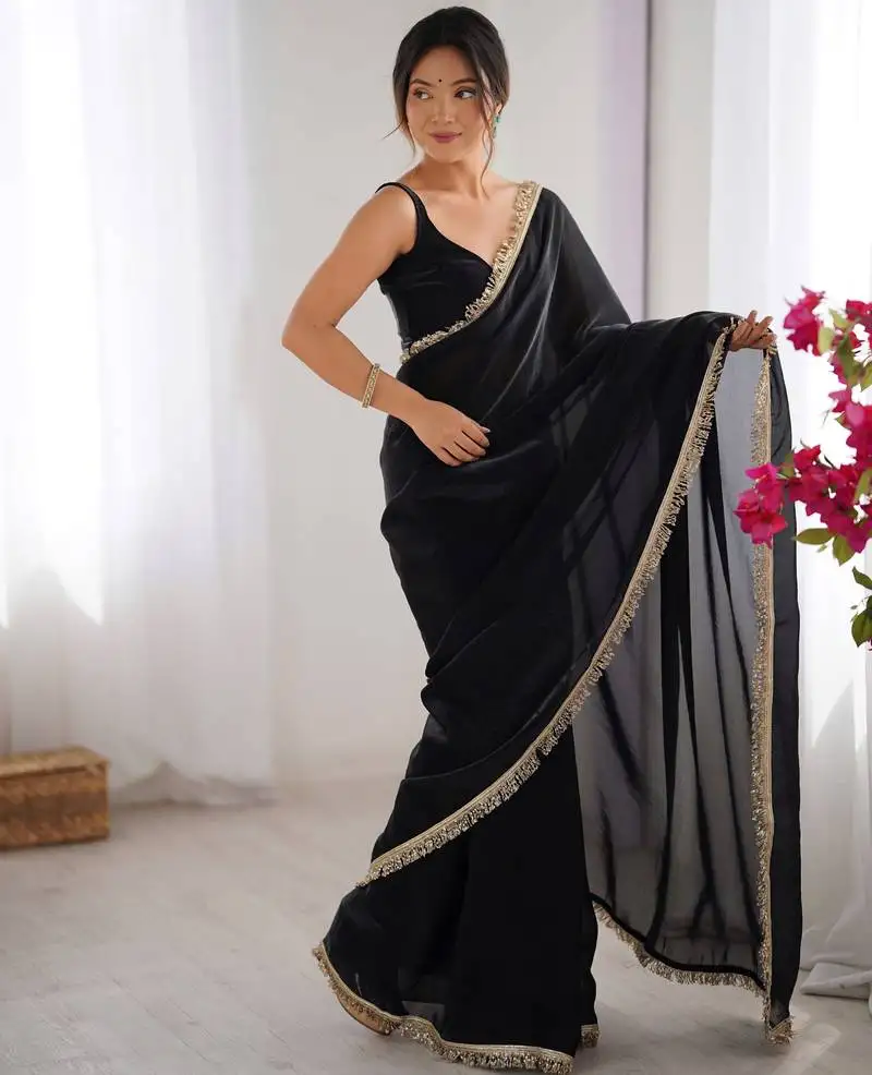 Black fendy satin saree