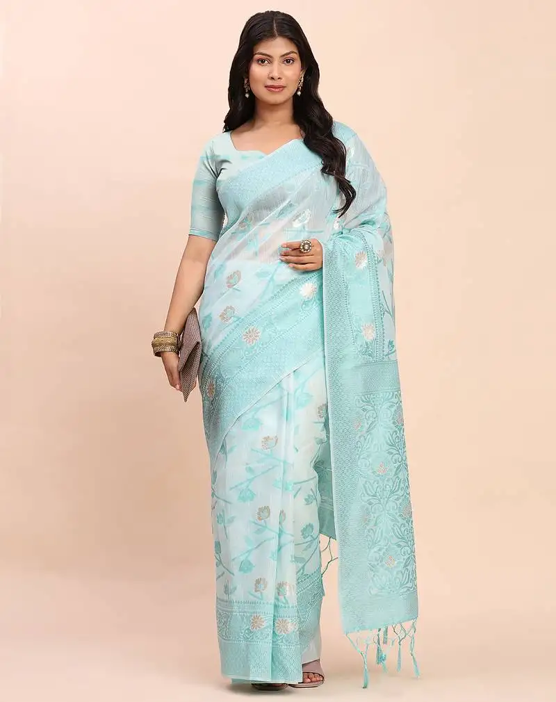 Sky blue linen cotton woven saree