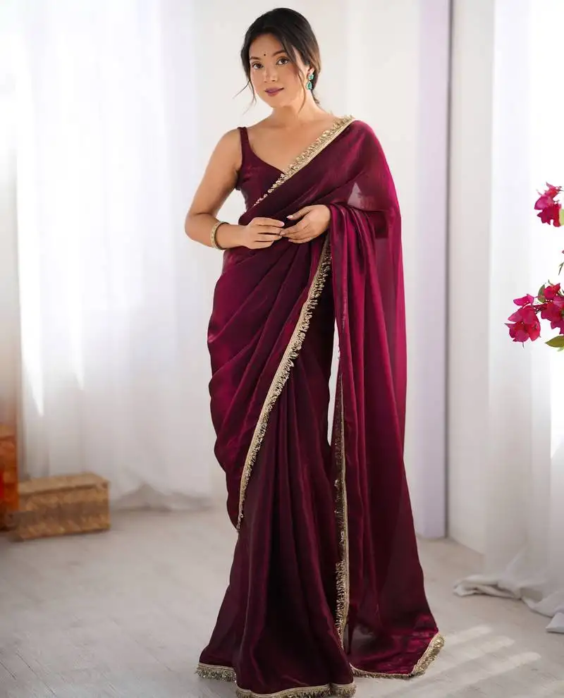 Wine fendy satin saree