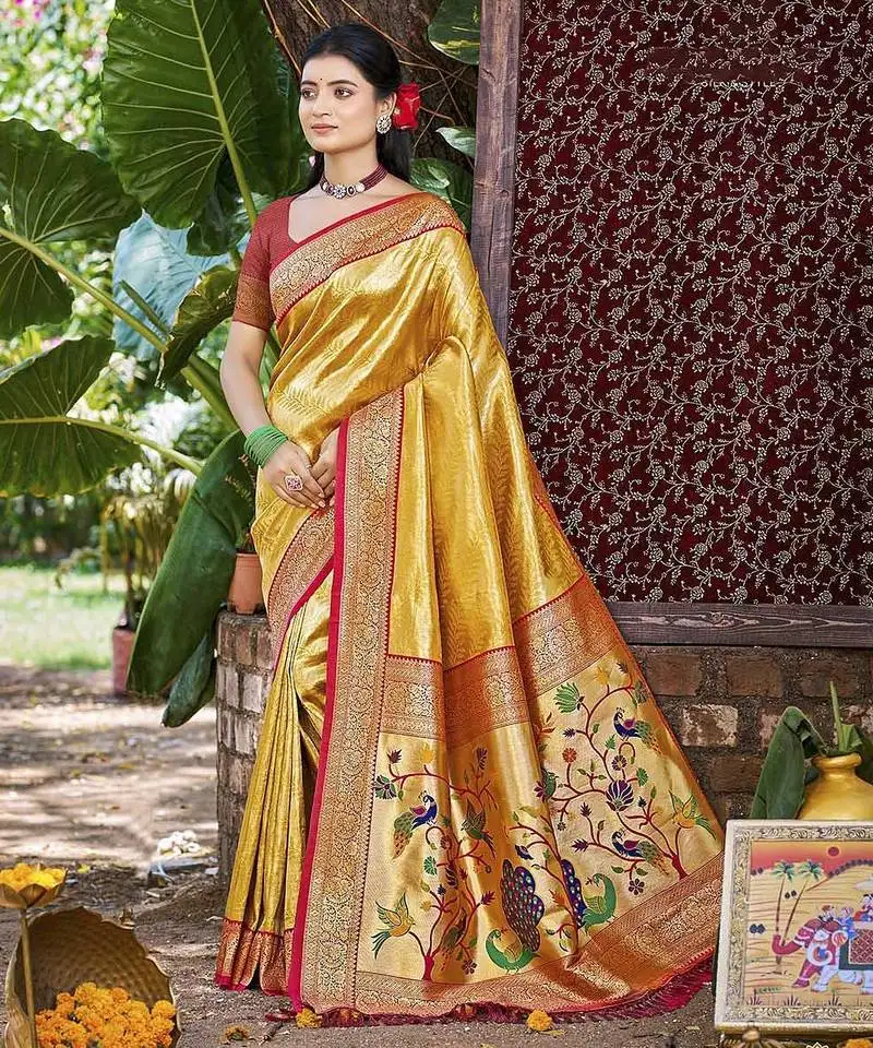 Yellow kanjivaram silk blend zari woven saree