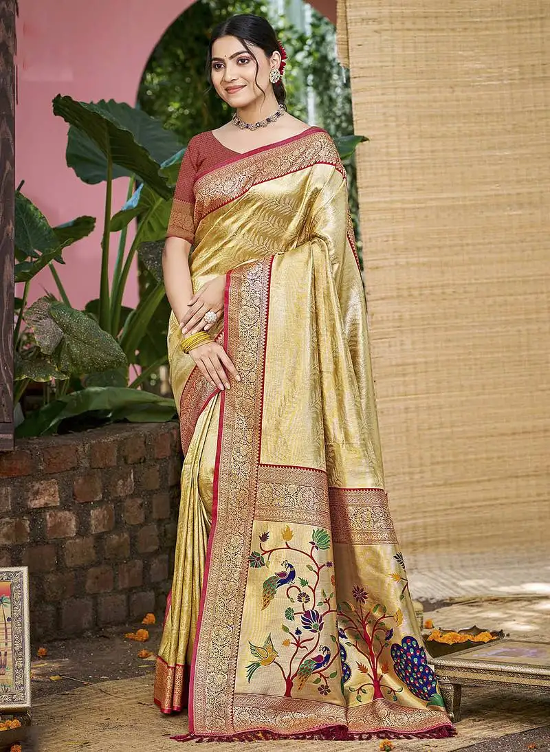 Beige kanjivaram silk blend zari woven saree