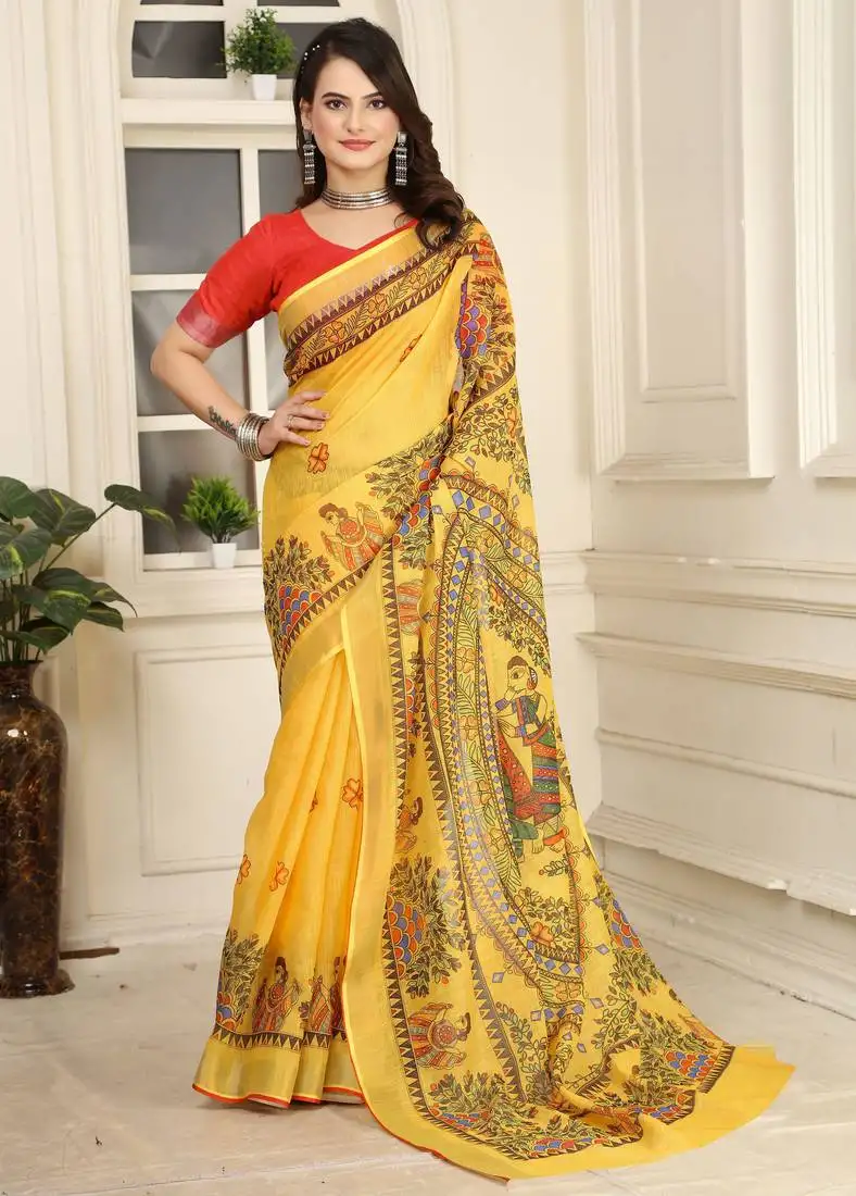 Yellow linen cotton digital printed saree