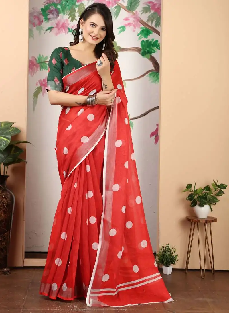 Red linen cotton digital printed saree