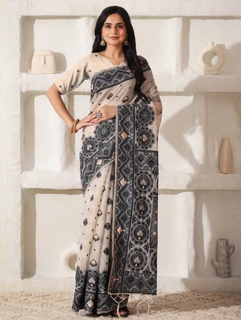 Black linen cotton saree
