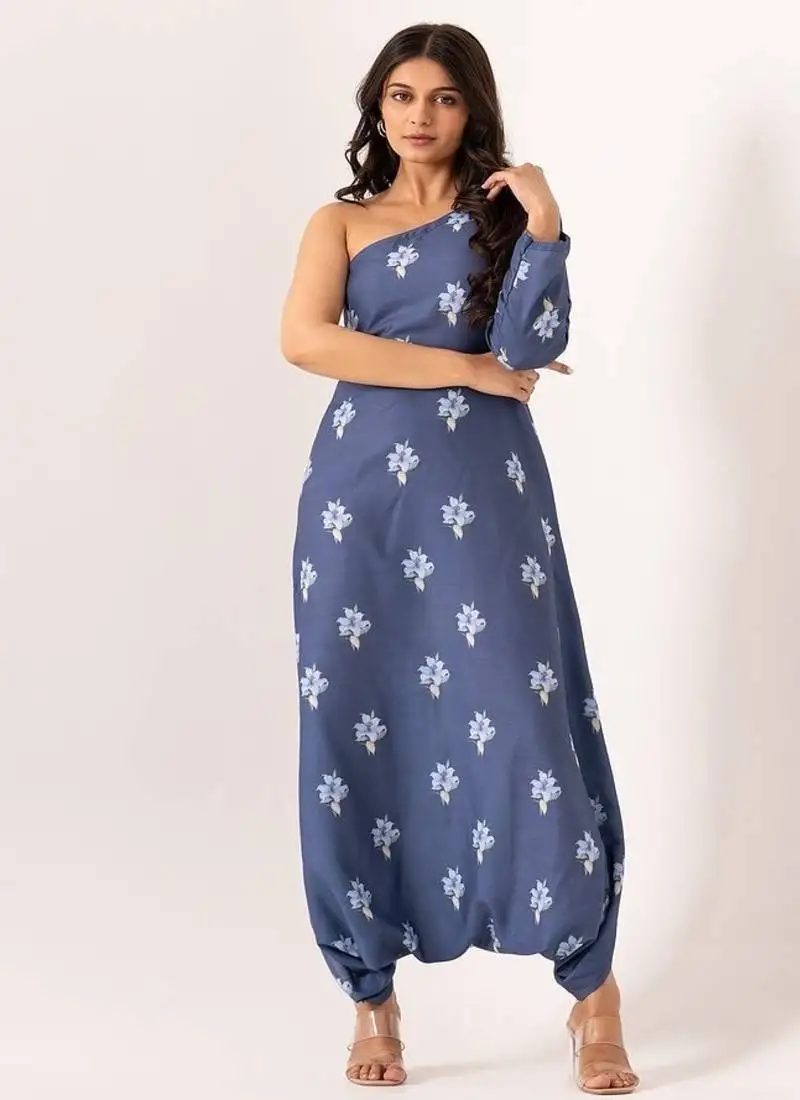 Blue cotton rayon floral printed one shoulder jumpsuit