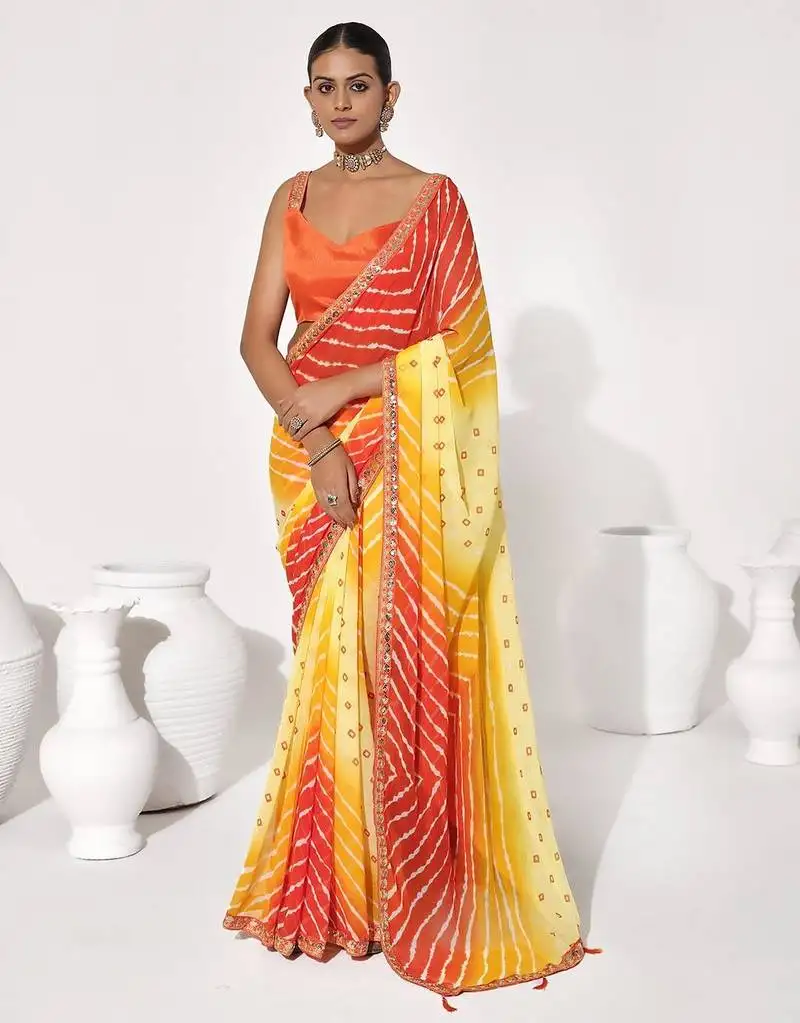 Yellow georgette printed saree