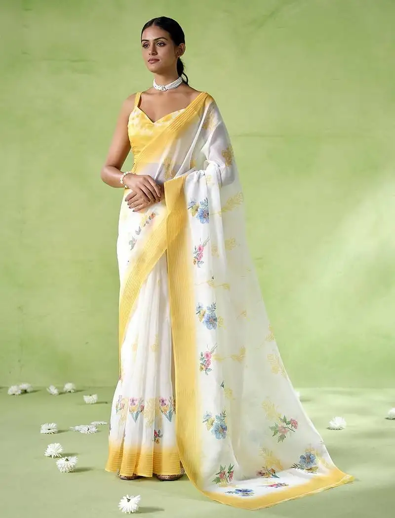 Yellow silk blend printed saree