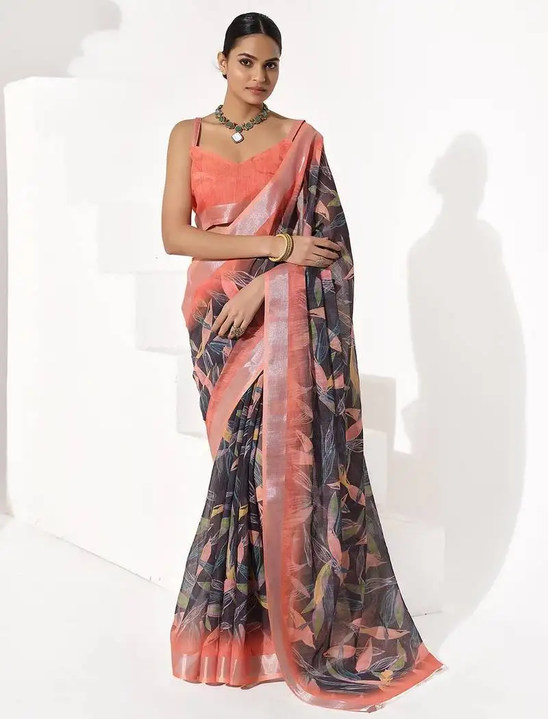 Black cotton blend printed saree