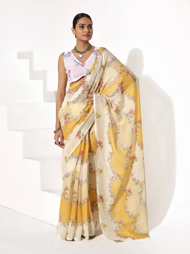Yellow cotton blend printed saree