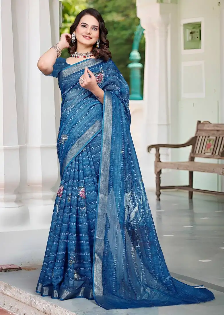 Teal blue linen cotton printed saree