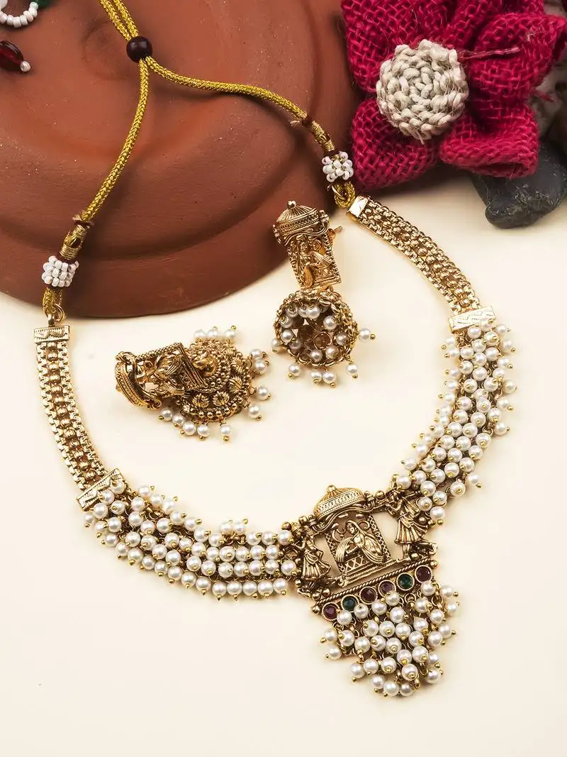 Gold plated white hydra beads barati necklace set