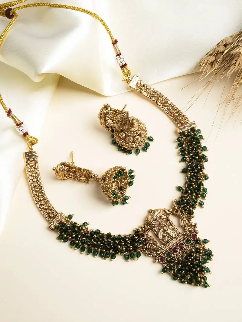 Gold plated green hydra beads barati necklace set