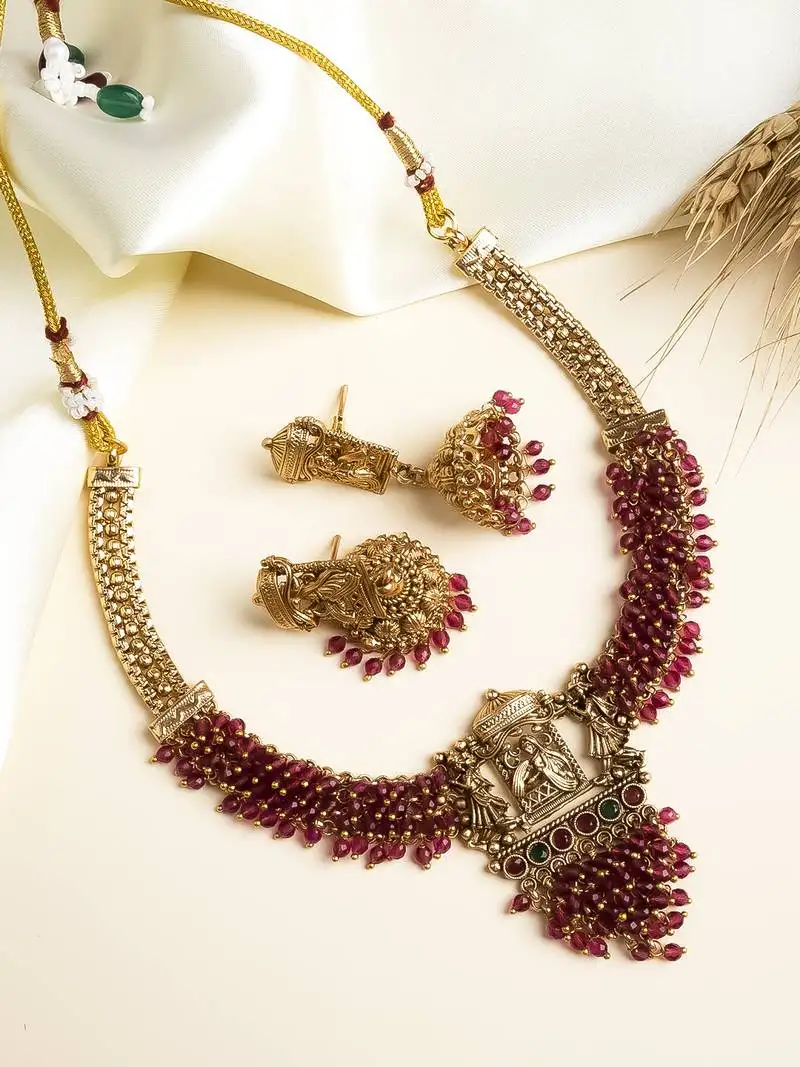 Gold plated red hydra beads barati necklace set