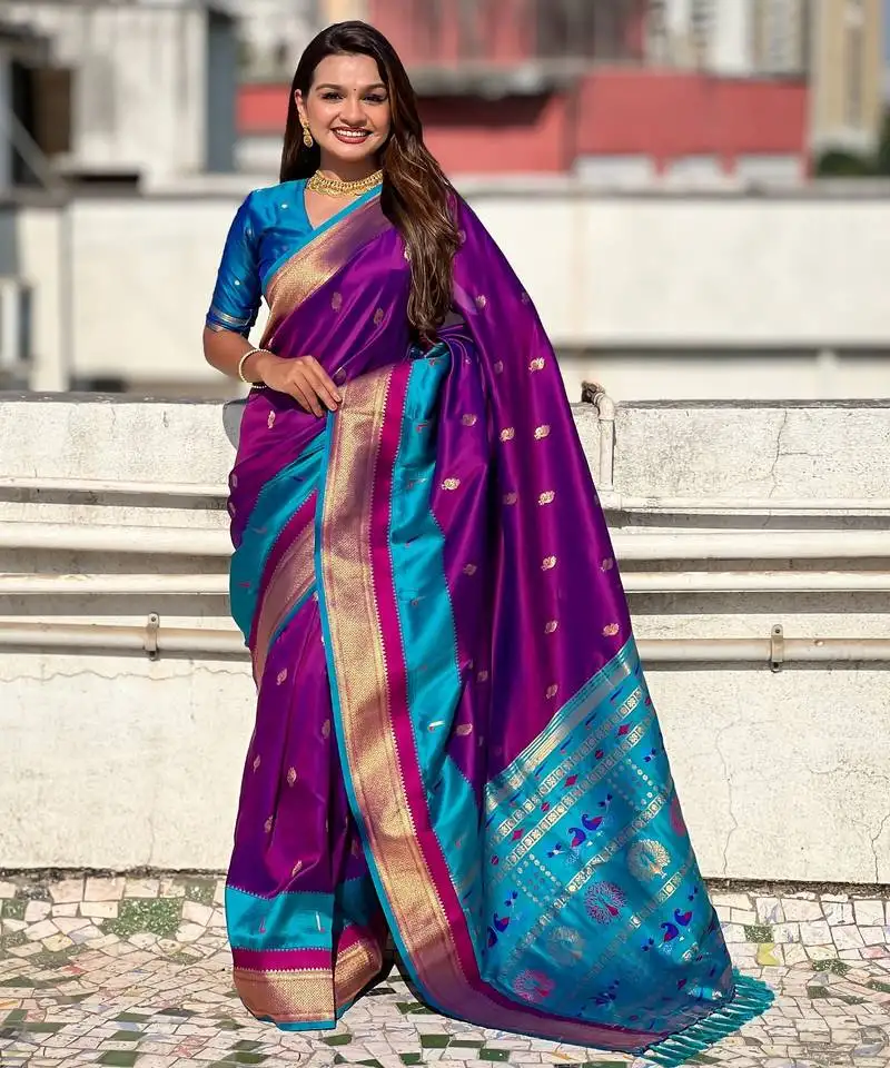 Voilet gold zari woven paithani silk blend saree