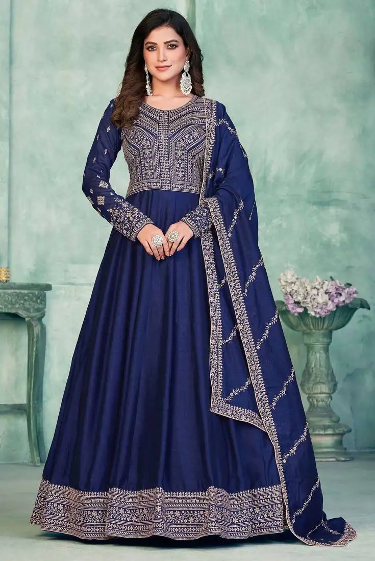 Blue embroidered work art silk anarkali churidar suit - semi-stitched semi stitched