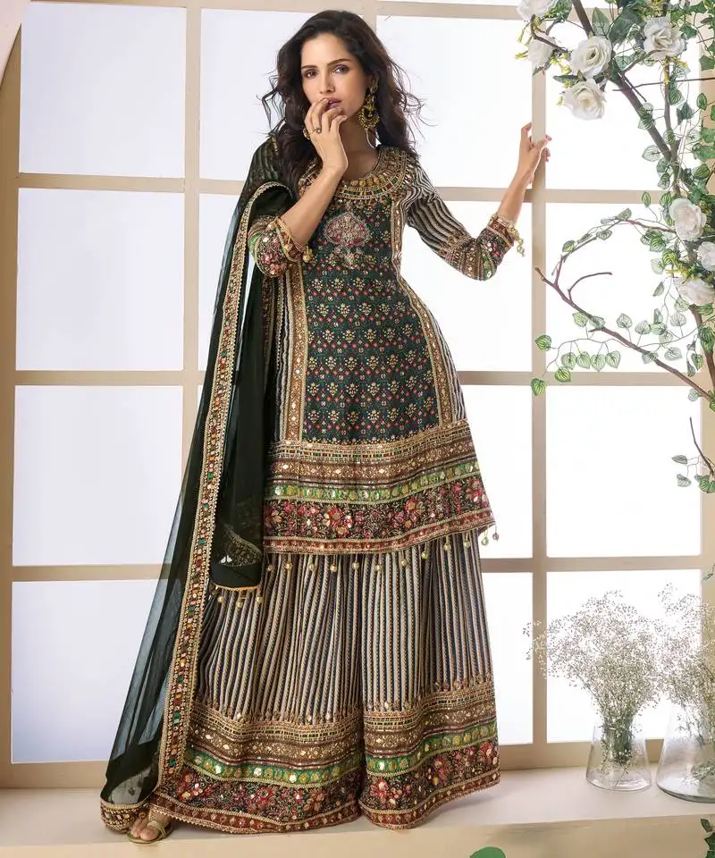 Multi embroidery, printed & aari, gota patti work creap silk straight palazzo suit - free size stitching (size upto 42") stitched