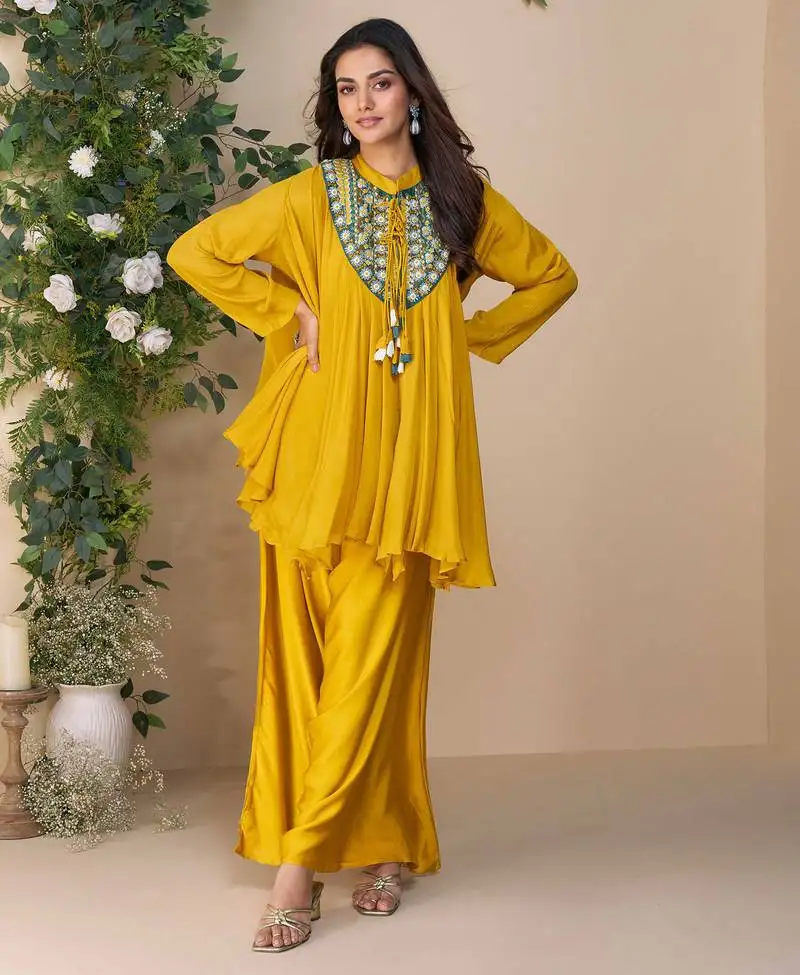 Mustard embroidery, printed & hand work chinnon silk poncho style top palazzo suit - free size stitching (size upto 42") stitched