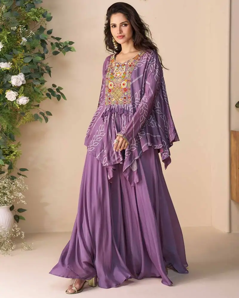 Purple embroidery, printed & hand work chinnon silk poncho style top palazzo suit - free size stitching (size upto 42") stitched