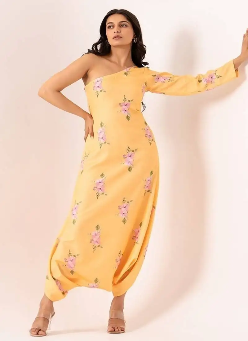 Yellow cotton rayon floral printed one shoulder jumpsuit