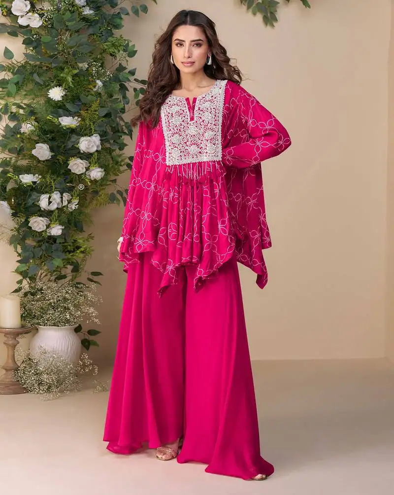 Rani pink embroidery, & hand work chinnon silk poncho style top palazzo suit - free size stitching (size upto 42") stitched