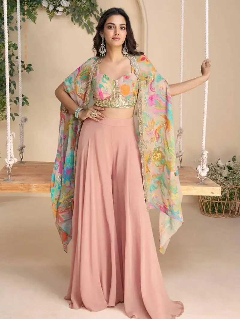 Multicolor embroidery & printed jacket work chinnon silk blouse dhoti suit - free size stitching (size upto 42") stitched