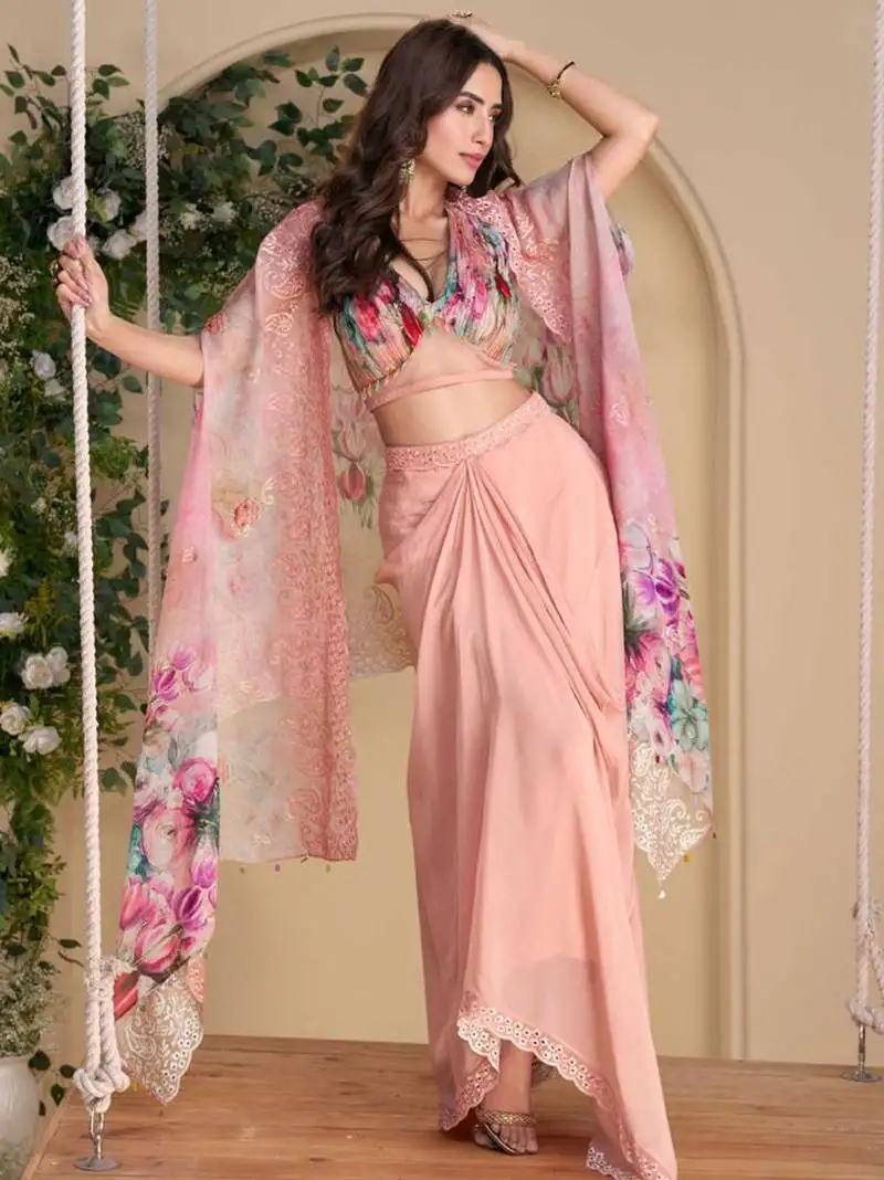 Pink embroidery, zari, & printed jacket work chinnon silk blouse dhoti suit - free size stitching (size upto 42") stitched