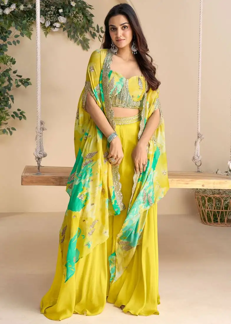 Yellow embroidery,sequins & printed jacket work chinnon silk blouse dhoti suit - free size stitching (size upto 42") stitched