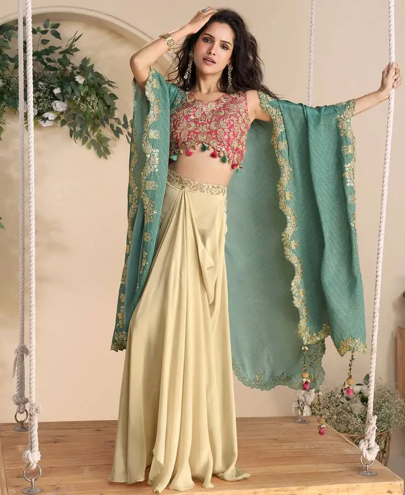 Rani pink embroidery, zari,&printed jacket work chinnon silk blouse dhoti suit - free size stitching (size upto 42") stitched