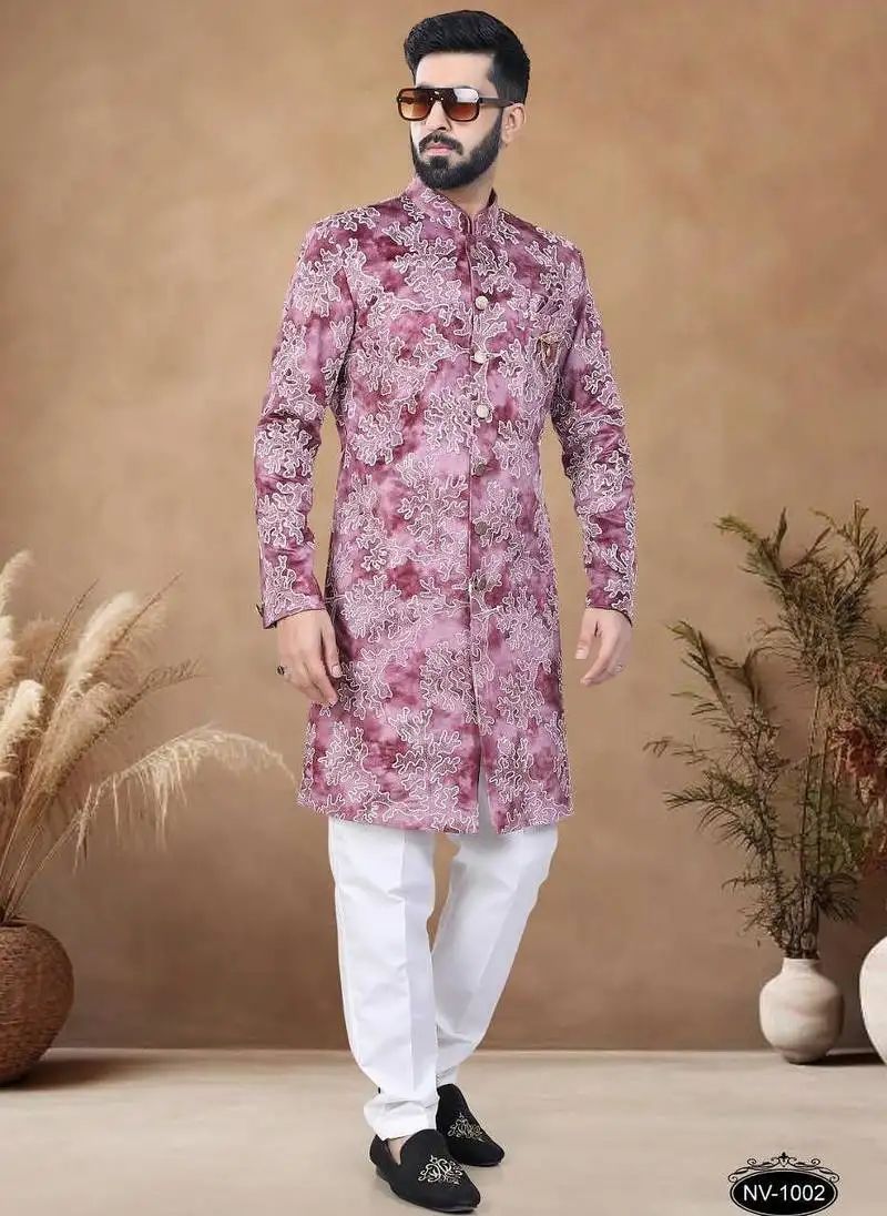 Red embroidery velvet semi indowestern with pollo pant for mens