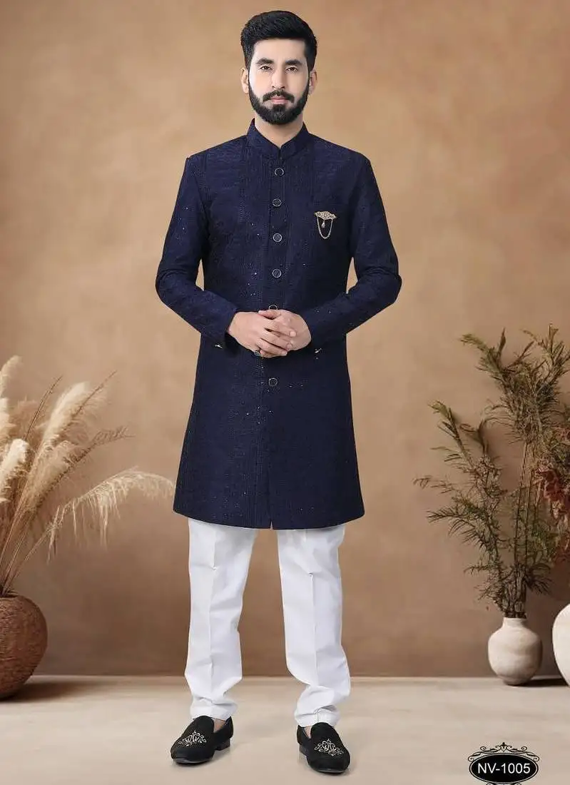 Blue embroidery silk semi indowestern with pollo pant for mens