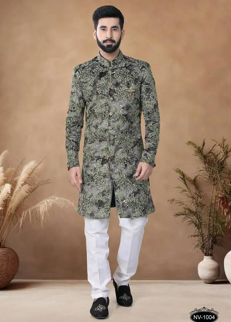 Green embroidery velvet semi indowestern with pollo pant for mens