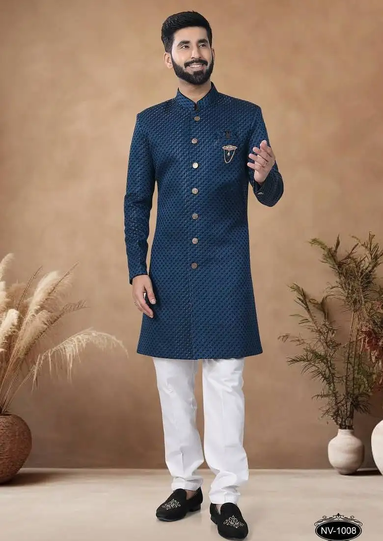 Blue embroidery jaquard semi indowestern with pollo pant for mens