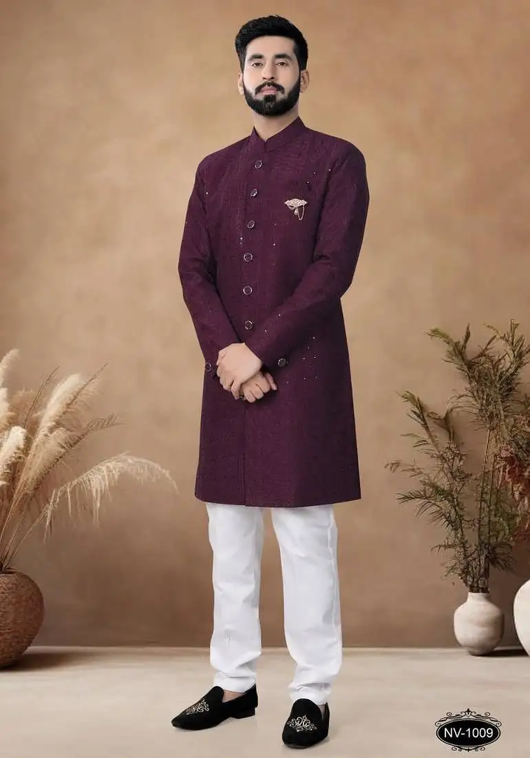 Red embroidery silk semi indowestern with pollo pant for mens