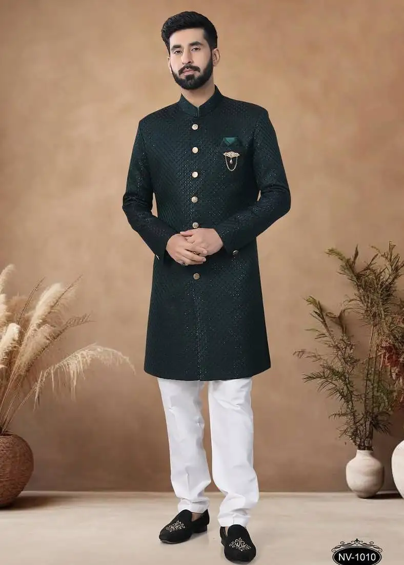 Green embroidery jaquard semi indowestern with pollo pant for mens