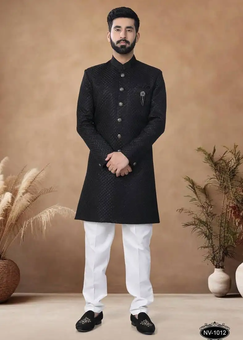 Black embroidery jaquard semi indowestern with pollo pant for mens