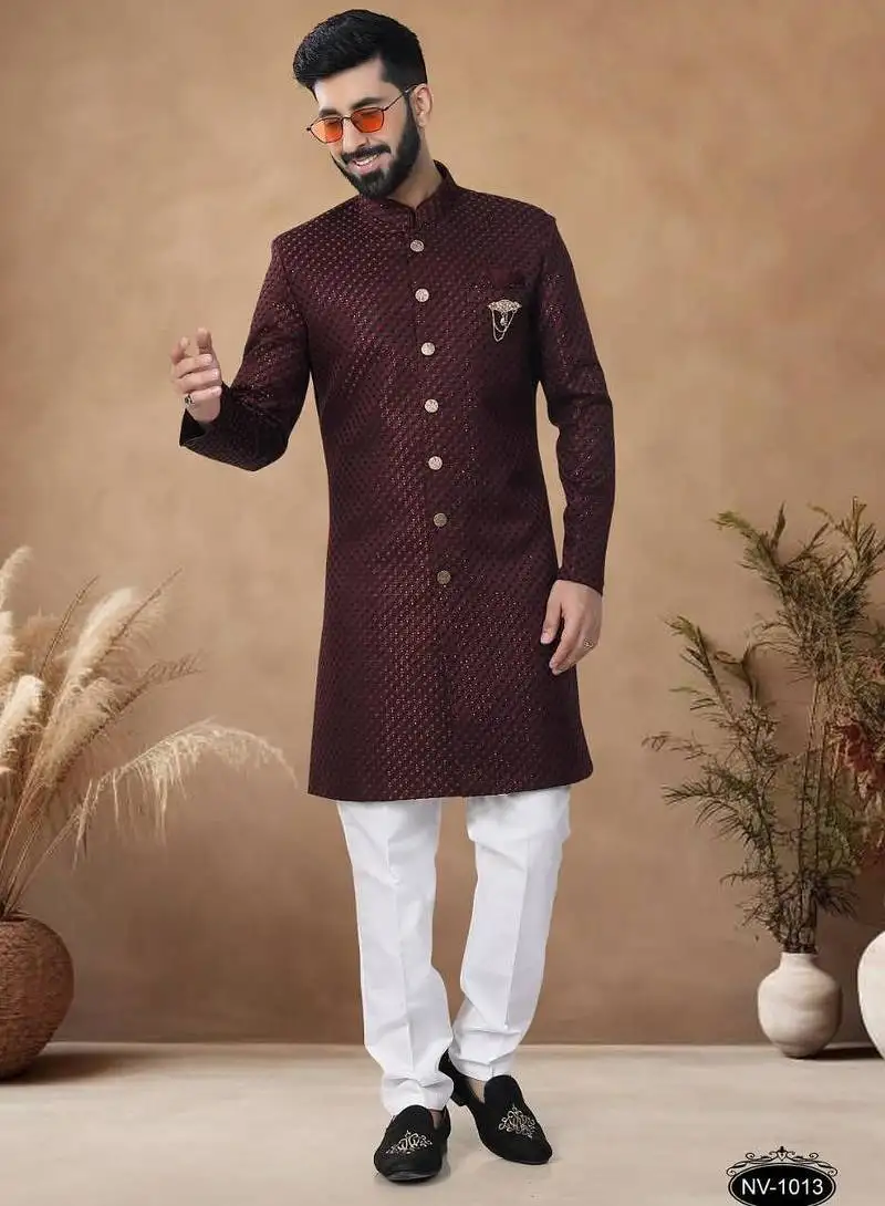 Maroon embroidery jaquard semi indowestern with pollo pant for mens