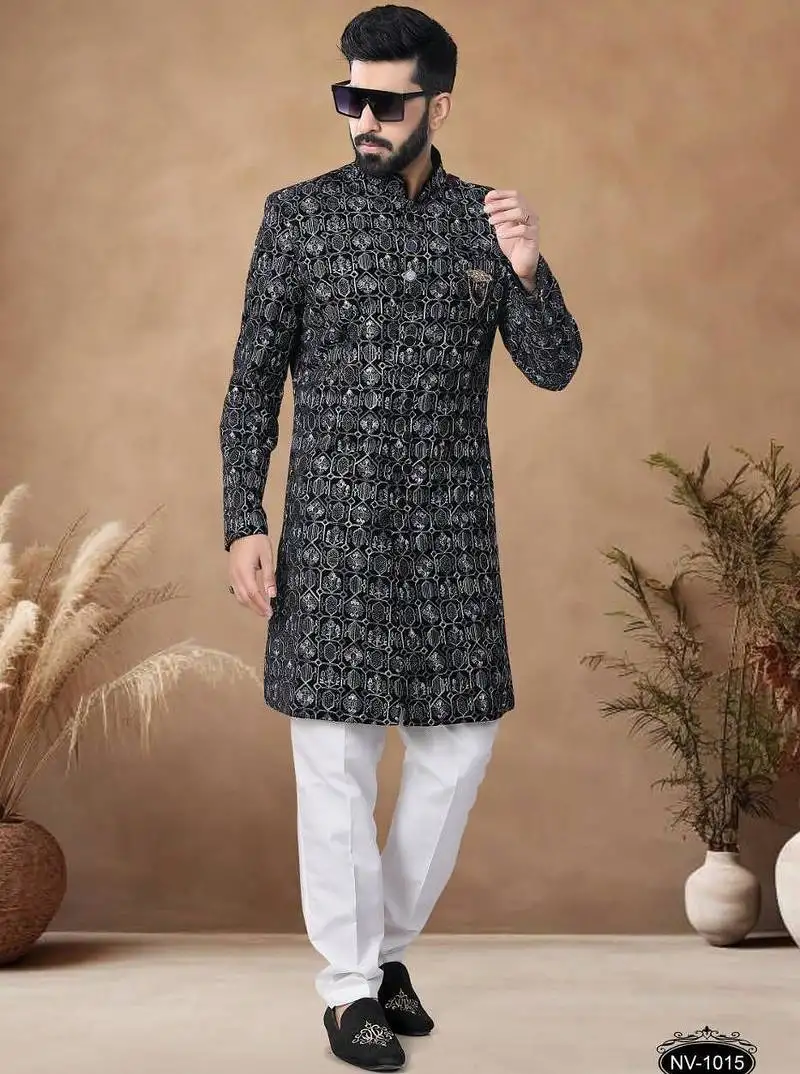 Black embroidery velvet semi indowestern with pollo pant for mens