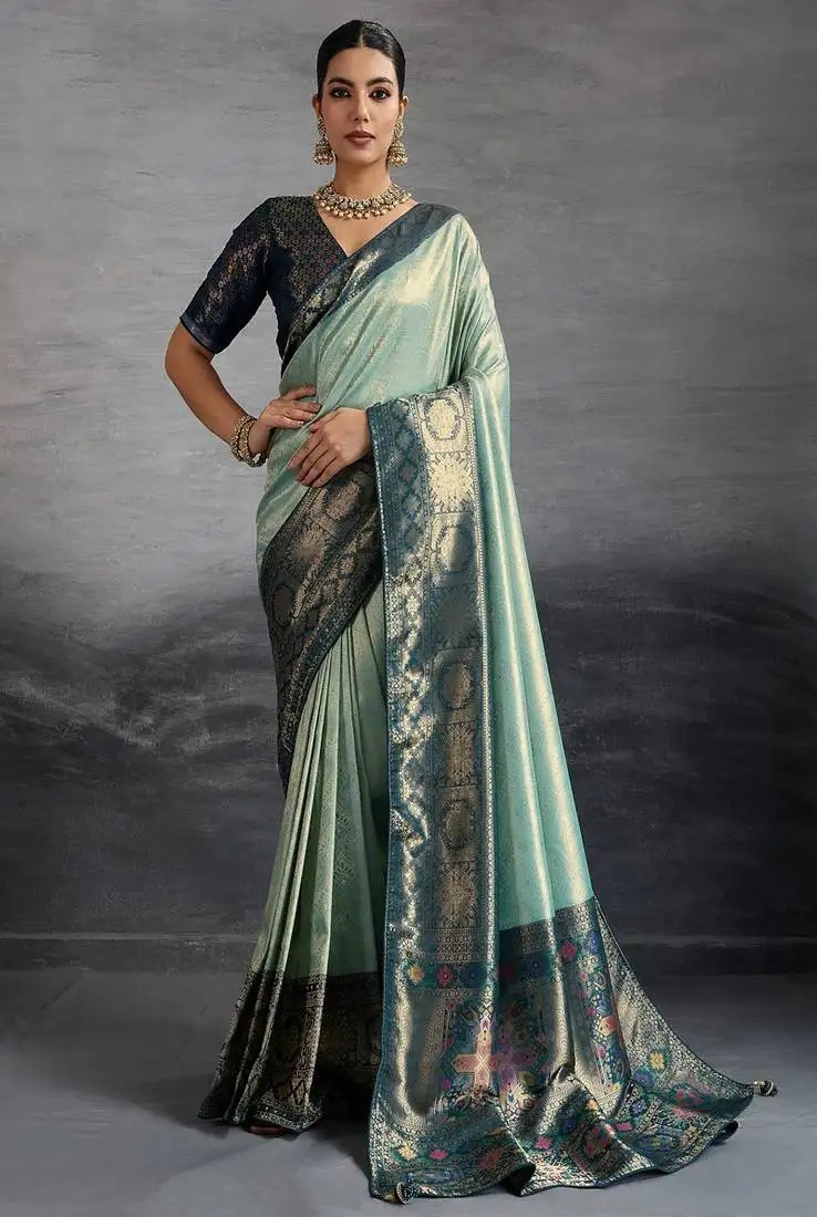 Sea green kanjivaram double zari woven saree with meenakari pallu and blouse