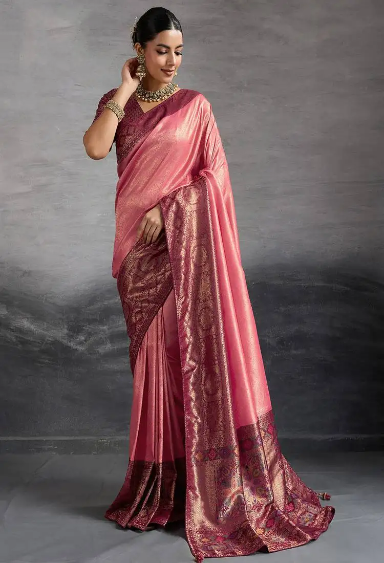 Pink kanjivaram double zari woven saree with meenakari pallu and blouse